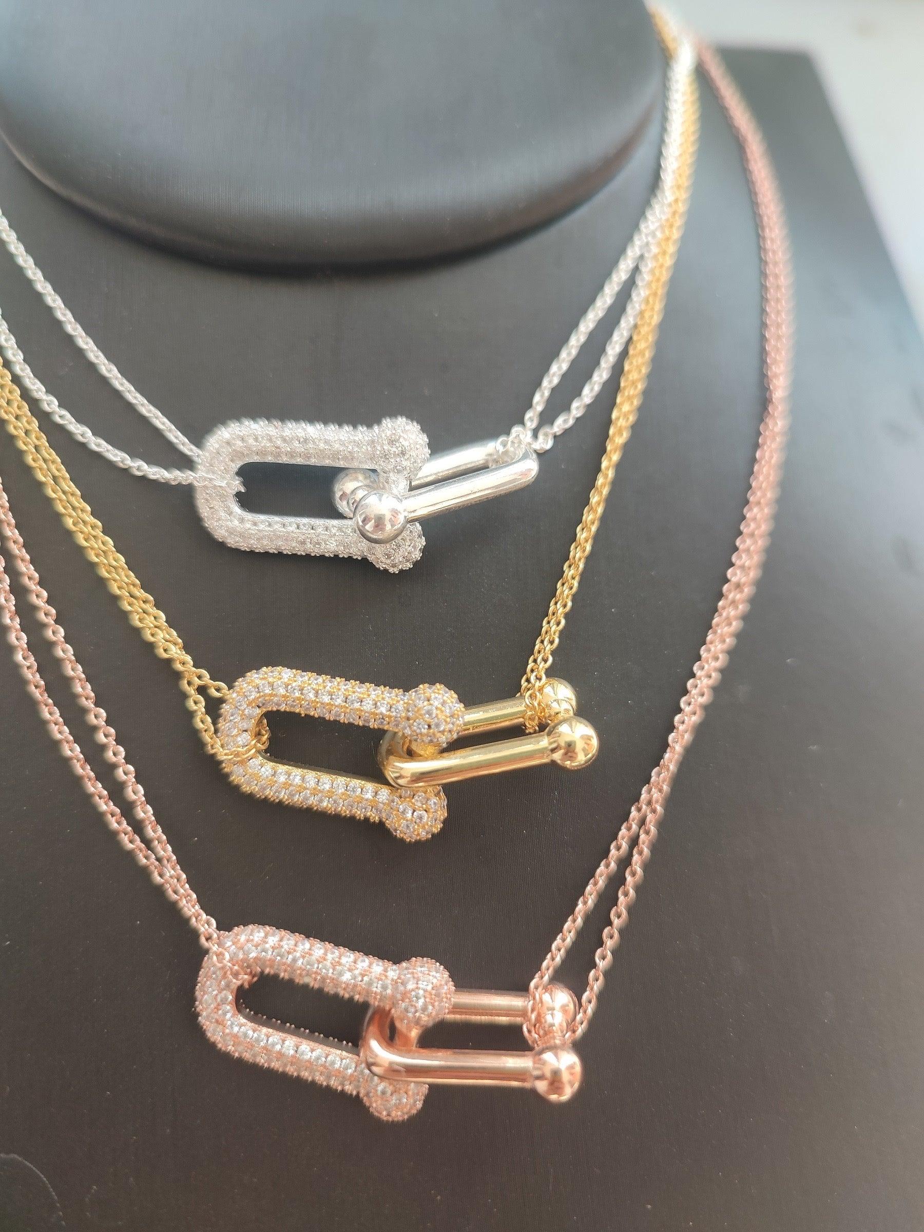Tiffany&Co 18K gold plated Jewelry For Women Large Double Link Pendant in with Zircon Diamonds Necklace in yellow rose silver ✨ - buyonlinebehappy